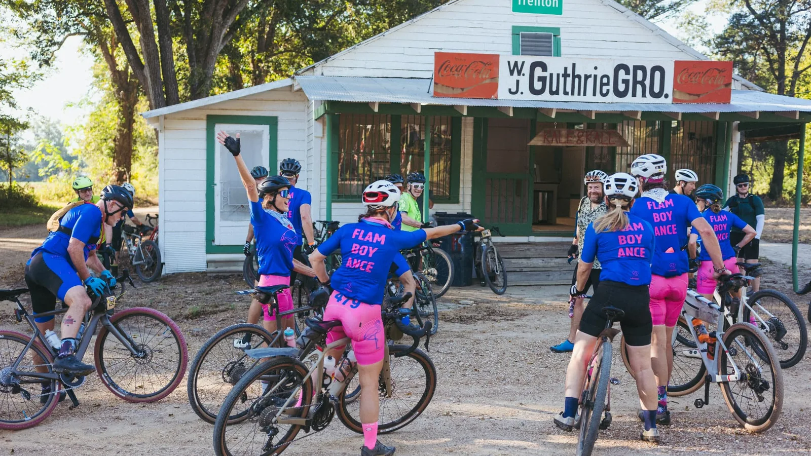 Gravelers gather with their bikes outside W. C. J. Guthrie Grocery in Trenton on the ride from Helena to Stuttgart.